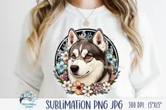 Husky Dog with Flowers | Sublimation PNG JPG Product Image 1