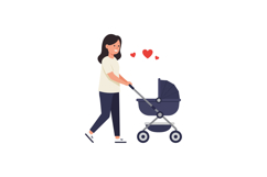 Woman happily pushing a stroller in flat vector illustration Product Image 1