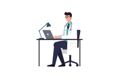 Doctor working at desk with laptop in flat vector art Product Image 1