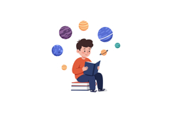 Boy reading book surrounded by colorful planets in flat vect Product Image 1
