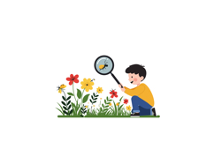 Child exploring flowers using magnifying glass in flat vecto Product Image 1