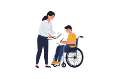 Person assisting another in wheelchair with flat vector illu Product Image 1