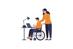 Young boy in wheelchair receiving help from woman in flat ve Product Image 1