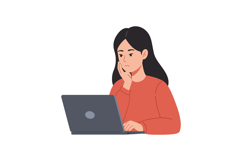 Thoughtful woman using laptop in minimal flat vector illustr Product Image 1