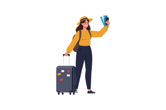 Young woman traveling with suitcase and travel tickets in fl Product Image 1
