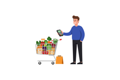 Man shopping with a cart full of groceries in flat vector ar Product Image 1