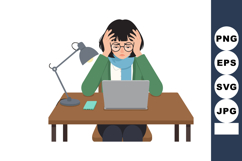 Woman feeling stressed working on laptop with green sweater Product Image 1