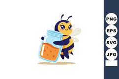 Cute cartoon bee holding honey jar with blue lid and orange Product Image 1