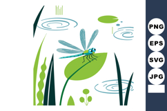 Dragonfly sitting on green leaf by water with tall grass vec Product Image 1