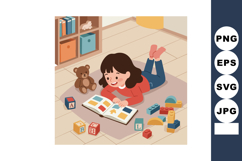 Child reading book on floor with toys and blocks in cozy pla Product Image 1
