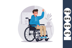 Young man in wheelchair waving hand inside home environment Product Image 1