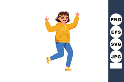 Happy young woman dancing in yellow hoodie and blue jeans ca Product Image 1