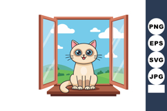Cute beige cat sitting on open window sill with countryside Product Image 1