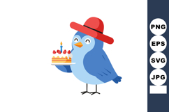Blue bird holding birthday cake with red hat festive celebra Product Image 1
