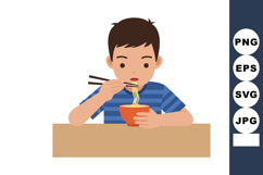 Boy eating noodles with chopsticks in blue striped shirt sit Product Image 1