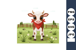 Brown and white calf with red scarf standing on grassy field Product Image 1