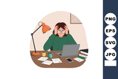 Woman with glasses stressed at desk with laptop and paperwor Product Image 1