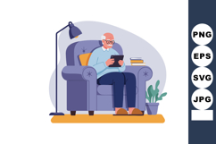 Elderly man sitting comfortably in armchair reading tablet a Product Image 1