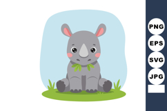 Cute baby rhinoceros sitting on grass with blue background v Product Image 1