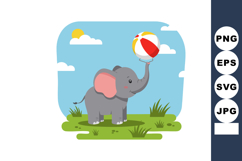 Elephant Playing with Colorful Beach Ball on Grass under Blu Product Image 1