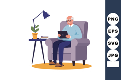 Elderly man sitting in armchair using tablet digital device Product Image 1