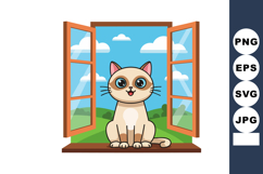 Cute cat sitting on open window with blue sky and green land Product Image 1