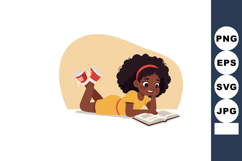Girl Reading Book Relaxed Lying Down with Curly Hair and Hea Product Image 1