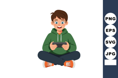 Boy playing video games sitting cross-legged in green hoodie Product Image 1