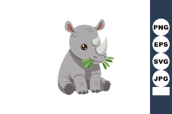 Cute baby rhinoceros sitting and eating green leaves cartoon Product Image 1