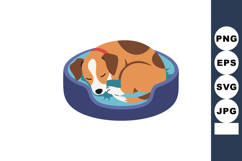 Sleeping brown and white dog curled in blue pet bed vector i Product Image 1