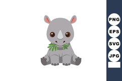 Cute baby rhinoceros sitting eating green leaves adorable wi Product Image 1