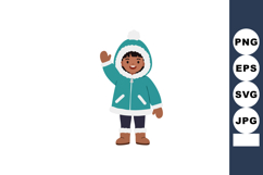 Child in teal winter coat waving with brown boots and mitten Product Image 1