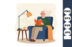 Elderly man reading book in cozy chair with lamp and warm bl Product Image 1