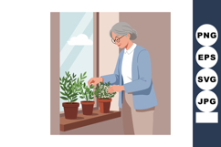 Elderly woman gardening indoor plants by window in calm natu Product Image 1