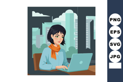 Young woman working on laptop in urban office with cityscape Product Image 1