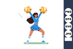 Cheerleader with blue outfit and yellow pom poms performing Product Image 1