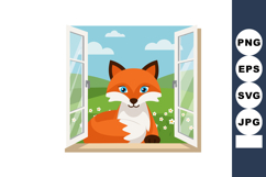 Fox looking through open window with green hills and flowers Product Image 1
