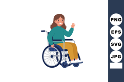 Woman in wheelchair smiling and waving in casual clothing ve Product Image 1