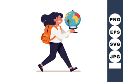 Young woman walking holding globe educational concept illust Product Image 1