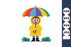 Child in yellow raincoat holding colorful umbrella in outdoo Product Image 1