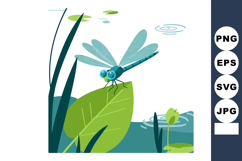 Blue dragonfly resting on green leaf near pond with water ri Product Image 1