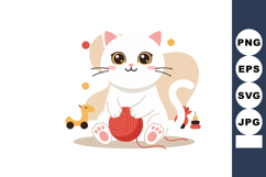 Cute white cat playing with red yarn ball surrounded by toys Product Image 1