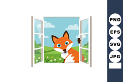 Fox looking through open window with countryside view and bl Product Image 1