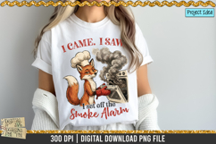 Funny fox chef PNG featuring a smoking oven and the quote “I Came, I Saw, I Set Off the Smoke Alarm.” Cute kitchen humor design for shirts, aprons, mugs, and crafting projects.