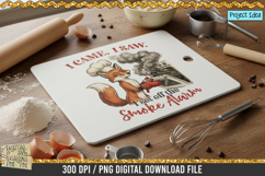 Funny fox chef PNG featuring a smoking oven and the quote “I Came, I Saw, I Set Off the Smoke Alarm.” Cute kitchen humor design for shirts, aprons, mugs, and crafting projects.