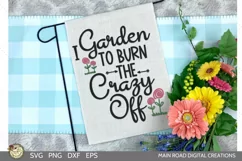 Funny gardening quote displayed on a garden flag mockup