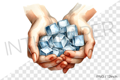 Two hands holding a handful of cold ice cubes watercolor PNG Product Image 1