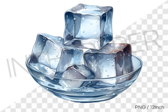 Large ice cubes inside a wide glass dish Watercolor PNG Art Product Image 1
