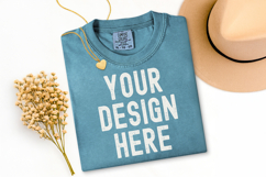 Comfort Colors C1717 Ice Blue Shirt Mockup, Flat Lay Mockup Product Image 1