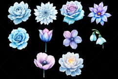 Ice Crystal Flowers PNG, Frozen Flower Clipart, Watercolor Ice Flowers, Frost Flower Clipart, Icy Floral PNG, Crystal Petal Clipart, Winter Flower Watercolor, Frozen Rose PNG, Ice Texture Floral, Arctic Flower Clipart, Frosted Botanical PNG, Neon Icy Flow